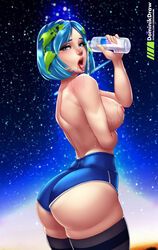 1girls areolae artist_name ass big_ass blue_eyes blue_hair blue_shorts breasts clothing curvy dat_ass drooling earth earth-chan female female_only humanized large_breasts lord_dominik nipples open_mouth original short_shorts solo space thighhighs tongue tongue_out topless watermark wet