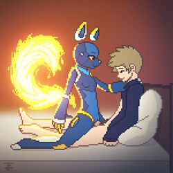 2018 5_fingers anthro beard bed blonde_hair blush breasts cowgirl_position duo e621 ears_up esix facial_hair featureless_breasts female furry fuzzled glowing happy happy_sex human human_on_anthro interspecies jacket machine male mammal mascot on_bed on_top penetration penis pixel_art pubic_hair robot sex small_breasts smile straight vaginal_penetration