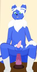 1boy 3_toes 4_fingers ambiguous_fluids anal anal_insertion anal_sex anthro anthrofied anus belly big_ears blue_fur blue_sclera dildo dildo_sitting erection feet feline fur furry green_eyes hi_res insertion jaylen_the_paintstic male male_meowstic male_only mammal masturbation meowstic nintendo no_nipples nude original_character paws penetration penis pokémon_(species) pokemon pokemon_xy sex_toy small_penis smile solo spread_legs squatting stripes tail tapering_penis teeth testicles video_games wet white_fur yellow_background