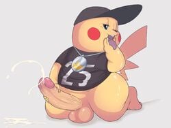 1boy barefoot baseball_cap bling bottomless clothed clothing cum cumshot digital_media_(artwork) ejaculation erection eroborus front_view furry hat humanoid_penis kneeling male male_only mammal masturbation naughty_face nintendo one_eye_closed orgasm pendant penile_masturbation penis pikachu pokémon_(species) pokemon pokemon_rgby rodent semi-anthro shirt simple_background solo teasing testicles thick_thighs tongue tongue_out veins veiny_penis video_games wink