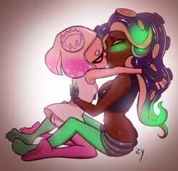 2girls absurdres blush chocolate_and_vanilla dark-skinned_female dark_skin female female_only handwear highres humanoid inkling interracial_yuri iseenudepeople kissing legwear marina_(splatoon) miss_icy_(artist) nintendo octoling pale_skin pearl_(splatoon) small_ass splatoon splatoon_2 yuri