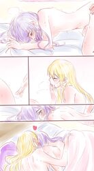 2girls all_fours alternate_hairstyle ayase_eli blue_eyes blush breasts closed_eyes comic e_len finger_licking fingering from_above hair_down heart highres licking long_hair looking_back love_live! love_live!_school_idol_project medium_breasts multiple_girls nipples purple_hair pussy_juice sequential sideboob sketch sweat toujou_nozomi trembling under_covers yuri