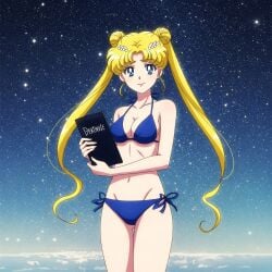 1girls ai_generated bikini bishoujo_senshi_sailor_moon blonde_hair blue_bikini blue_eyes clothes crossover death_note female light-skinned_female light_skin sailor_moon tagme