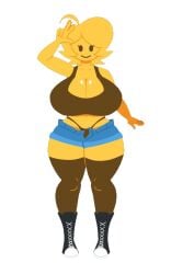 cally3d chagoz ema_(emoji) high_socks kingjnar short_jeans thicc thighhighs yellow_body yellow_hair