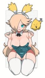 1girls blonde_hair blue_eyes blue_nails blush cocktail_glass cup drinking_glass female garter_straps grid_background hair_over_one_eye highres kneeling leotard long_hair luma_(mario) mario_(series) necktie nintendo omura_zojiki playboy_bunny princess_rosalina rabbit_ears rabbit_tail rosalina smile solo super_mario_galaxy thigh_gap thighhighs tray