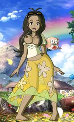 1girls ambiguous_gender areolae barefoot beak big_breasts blue_background breasts breasts_out brown_eyes claws clothed clouds cosmog cutiefly dark-skinned_female dark_skin eyelashes fairy feet female floating flying grass human human_only insect long_hair looking_at_viewer midriff milf mother mother_(pokemon_sm) nintendo nipples open_mouth outdoors owl pokemon pokemon_(species) pokemon_sm pussy rainbow rowlet see-through shirt skirt sky smile solo_focus standing sunglasses toes tongue wings