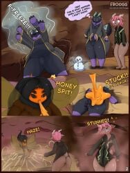 absurd_res anthro arachnid arthropod bee black_body comic deer english_text food froogg genitals hair haze hi_res honey_(food) humor hymenopteran insects male mammal penis pink_hair snowman spider spitting stuck stuck_in_ground stunned text