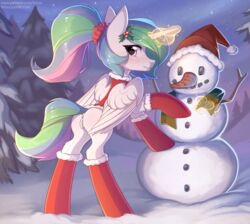 2017 absurd_res alicorn anus ass blush christmas digital_media_(artwork) equine feathered_wings feathers female fensu-san feral friendship_is_magic hair hat hi_res holidays horn looking_at_viewer mammal multicolored_hair my_little_pony outside princess_celestia_(mlp) pussy santa_hat snowman solo tree wings