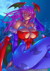 big_breasts breasts clothing darkstalkers detailed_background erect_nipples erect_nipples_under_clothes female female_only head_wings koguma_pierre lilith_aensland medium_breasts morrigan_aensland night nipples solo succubus succubus_wings