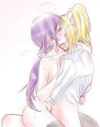 arms_around_waist ayase_eli black_legwear blonde_hair blush bottomless closed_eyes collarbone e_len ear_licking groin highres licking long_hair love_live! love_live!_school_idol_project no_panties nude partially_undressed ponytail purple_hair sitting sitting_on_lap sitting_on_person sweat thighhighs toujou_nozomi trembling white_background yuri