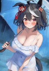 ai_generated animal_ears animal_tail black_hair breasts female hair_ornament horse_girl kitasan_black_(umamusume) red_eyes two_tone_hair umamusume umamusume_pretty_derby wet