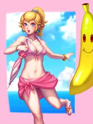 1girls banana bangle beach bellhenge bikini bikini_bottom bikini_skirt bikini_top blonde_hair blue_eyes blush bracelet breasts cleavage earrings female female_only heels looking_at_viewer mario_(series) navel nintendo open_mouth open_toe_shoes outdoors ponytail princess_peach sandals solo super_mario_bros. swimsuit tied_hair umbrella wide_hips