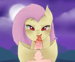 2015 bat_pony bat_wings duo equine erection fangs female feral flutterbat_(mlp) fluttershy_(mlp) friendship_is_magic full_moon hair long_tongue looking_at_viewer male mammal membranous_wings moon my_little_pony nude oouichi oral outside penis red_eyes sex solo_focus straight tongue tongue_out tonguejob wings