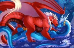 2018 blue_fur detailed_background dragon eastern_dragon female fur hair horn hornedfreak knot male membranous_wings penetration scalie straight western_dragon white_hair wings