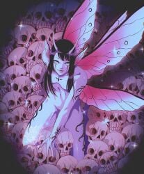 1girls black_hair dark_pixie demon_horns female gothic gothic_girl long_hair markings naked naked_female oc original_character pixie ruedefaux skull tattoo wing_ears wings