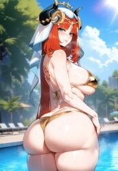 1girls ai_generated alternate_breast_size aqua_eyes ass ass_focus back back_tattoo bangs bare_back bare_shoulders bikini blue_sky blush breasts clothing cloud curvaceous curvaceous_female curvaceous_figure curvy curvy_figure day fake_horns female female female_focus female_only from_behind genshin_impact gold_bikini green_eyes hair_ornament headwear horns huge_ass huge_breasts inviting inviting_to_sex jewelry large_breasts long_hair looking_at_viewer looking_back mihoyo miyuai navel nilou_(genshin_impact) ocean outdoors palm_tree parted_bangs partially_submerged pool poolside presenting presenting_ass presenting_breasts presenting_hindquarters presenting_self red_hair seductive seductive_look seductive_smile shiny_skin sideboob sidelocks skindentation sky smile solo standing string_bikini sunlight sweat swimsuit tattoo thick_thighs thighs thong_bikini thong_swimsuit tree veil voluptuous voluptuous_female wading water wet