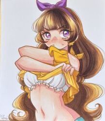 1girls amanogawa_kirara artist_signature bare_belly bare_shoulders belly_button bra brown_hair earrings female female_only go!_princess_precure hair_ribbon hi_res highres koyuki_(hmst0_0kyk) light-skinned_female light_skin long_hair precure pretty_cure purple_eyes solo star_earrings stripping sweatdrop toei_animation white_bra