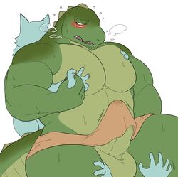 2018 alligator balls barazoku big_pecs blush bulge canine clothing crocodilian green_balls green_penis grope group hand_holding kemono male male_only mammal muscular muscular_male pecs penis reptile scalie sheeporwolf simple_background size_difference spooning steam sweat underwear wet_spot white_background