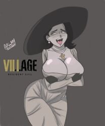 1girls alcina_dimitrescu ariamy big_breasts breast_hold breasts capcom dark_hair fanart female_only hat hourglass_figure huge_breasts jewelry large_breasts milf necklace pale-skinned_female pale_skin resident_evil resident_evil_8:_village thick_thighs thin_waist village wide_hips