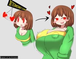 1girls arrow big_breasts breast_expansion breasts brown_hair bursting_breasts chara cleavage clothing determination erect_nipples fae-sama female female_only half-closed_eyes heart hearts huge_breasts human hyper hyper_breasts hypnotized_presentation lactating lactation_through_clothes large_breasts long_sleeves looking_at_viewer neck nipple_bulge open_smile petronoise red_eyes seductive seductive_smile short_hair smile smiling solo solo_female toby_fox undertale