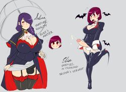 2futas balls_in_panties big_breasts blush breasts bulge busty cleavage cum dickgirl erection futa_only futanari futanari_vampire garter_straps hair high_heel_boots high_heels huge_breasts humanoid intersex penis penis_under_skirt purple_hair red_eyes red_hair testicle_bra tsudanym vampire voluptuous