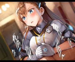 1boy armlet asymmetrical_gloves badge bangs belko blue_eyes blush braid breast_squeeze breasts brown_hair female gloves grey_shirt hair_between_eyes hair_ornament highres large_breasts lolicept long_hair open_mouth paizuri paizuri_under_clothes phantom_of_the_kill shirt side_braid solo_focus solomon_(phantom_of_the_kill) straight sweat