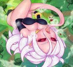 1girls 2010s 2018 android_21 arm_warmers armwear big_breasts black_clothing black_sclera bracelet breasts cleavage clothed clothing cloud cottoncandysheeps_(artist) dark_persona dragon_ball dragon_ball_fighterz ear_piercing female female_masturbation female_only fingering fingering_self gold_(metal) gold_jewelry hair heart hi_res humanoid jewelry levitation licking long_hair majin majin_android_21 masturbation monster_girl nature neck_ring open_mouth outside piercing pink_skin pink_tail pointy_ears pussy_juice pussy_juice_string red_eyes saliva sharp_teeth shounen_jump solo solo_female steam strapless_bra tail tail_between_legs teeth tongue tongue_out tree vaginal_masturbation vaginal_penetration white_hair