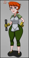 apron cydlock dexter's_laboratory dexter's_mom earrings female gloves hand_on_hip high_heels looking_at_viewer milf nipples_visible_through_clothing simple_background solo thick_thighs tight_clothing