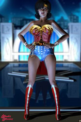 1girls 3d bare_shoulders big_breasts black_hair blue_eyes boots bracer busty choker curvy dc dc_comics detailed_background diana_prince english_text eyelashes female female_only front_view hand_on_hip hands_on_hip hands_on_hips high_heel_boots high_heels hourglass_figure human leotard looking_at_viewer nail_polish night outdoor outside pose posing rope shadow shiny shiny_skin short_hair solo spread_legs spreading standing superheroine text tiara voluptuous water wide_hips wonder_woman wonder_woman_(series) xskullheadx