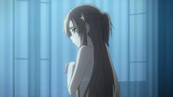 aincrad aincrad_floor_61 animated bra covering_up embarrassed holographic_interface knights_of_the_blood panties selmburg sword_art_online undressing yuuki_asuna