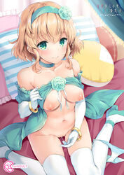 1girls blonde_hair blue_flower blue_footwear blue_hairband blue_neckwear blue_rose bottomless breasts choker closed_mouth cover cover_page doujin_cover dress elbow_gloves female female_only flower gloves green_eyes hair_flower hair_ornament hairband looking_at_viewer medium_breasts natalia_luzu_kimlasca_lanvaldear nipples open_clothes open_dress pillow puffy_nipples pussy pussy_juice rating rose shiny shiny_skin shoes short_hair shuragyoku_mami sitting smile solo solo_female tales_of_(series) tales_of_the_abyss thighhighs wariza white_gloves white_legwear