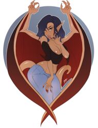 1girls 2018 bare_midriff bare_shoulders black_hair breasts cleavage clothing crop_top dark-skinned_female disney elisa_maza female female_only gargoyles hand_on_thigh jeans kokobuttz long_ears long_hair midriff nails navel pants parted_lips pointy_ears shirt simple_background solo tail tan_skin thick_lips wings