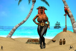 1girls 3d alternate_version_available bare_shoulders beach belt big_breasts bottle brown_eyes busty cleavage curvy dark-skinned_female dark_skin detailed_background erect_nipple erect_nipples eyelashes eyepatch female female_only front_view half-dressed half_dressed hand_on_hip hands_on_hip hands_on_hips hat high_heels hourglass_figure human lipstick long_hair looking_at_viewer makeup nail_polish nipple_piercing no_bra original_character outdoor outside pants piercing pirate pose posing red_hair red_lipstick sand shadow ship solo standing sword tied_hair topless tree voluptuous water weapon wide_hips xskullheadx