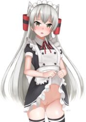 absurdres alternate_costume amatsukaze_(kantai_collection) apron bangs black_dress blush dress dress_lift enmaided female hair_tubes highres kantai_collection long_hair looking_at_viewer maid maid_apron maid_headdress navel neck_ribbon no_panties nose_blush pubic_hair puffy_short_sleeves puffy_sleeves pussy red_neckwear red_ribbon ribbon short_sleeves silver_hair skindentation solo thighhighs tiemu_(man190) two_side_up very_long_hair windsock yellow_eyes