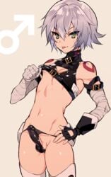 1boy :p bandage bandaged_arm belt black_gloves black_panties bulge cowboy_shot crossdressing erection erection_in_panties facial_scar fate/grand_order fate_(series) femboy fingerless_gloves genderswap_(ftm) gloves green_eyes highres jack_the_ripper_(fate/apocrypha) male_focus male_only male_symbol mars_symbol morikoke nipples panties penis penis_in_panties rule_63 scar short_hair silver_hair simple_background solo string_panties tank_top tattoo testicles tongue tongue_out trap tubumi underwear