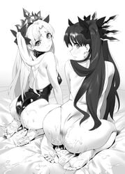 2girls absurdres ass bare_back bare_shoulders barefoot black_hair black_leotard blonde_hair blush commentary_request cover cum cum_in_ass cum_on_ass cum_on_body cum_on_clothes cum_on_lower_body dat_ass earrings ereshkigal_(fate) eyebrows_visible_through_hair fate/grand_order fate_(series) feet female hair_ornament hair_ribbon highres hoop_earrings ishtar_(fate) jewelry leotard looking_at_viewer looking_back monochrome multiple_girls one_piece_swimsuit orange_maru ribbon seiza siblings sisters sitting tears tiara twintails yang-do