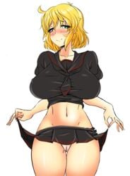 ahoge blonde_hair blue_eyes blush breasts cameltoe evildei female green_eyes heterochromia highres large_breasts looking_at_viewer midriff miniskirt necktie panties ryouna_(senran_kagura) school_uniform senran_kagura senran_kagura_(series) senran_kagura_shinovi_versus short_hair simple_background smile solo thigh_gap underwear white_background