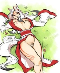 1girls absurdres amaterasu amaterasu_(gijinka) amaterasu_(okami) animal_ears black_eyes breasts breasts_out capcom deity ears expressionless female female_only furry gijinka glacierclear goddess highres humanized japanese_clothes japanese_mythology kimono long_hair lying markings multicolored_hair nipples no_bra no_panties no_underwear okami okami_(capcom) on_back open_clothes personification pubic_hair pussy sash solo tail wide_sleeves wolf wolf_girl