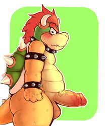 1boy 2018 anthro balls blush bowser collar erection green_background hair hi_res horn humanoid_penis koopa looking_at_viewer male male_only mario_(series) nintendo nude penis red_hair scales scalie shell side_view simple_background solo spiked_armlet spiked_collar spikes standing vein veiny_penis video_games white_border yellow_scales zackary911