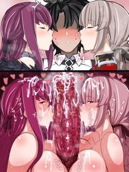 animal_penis ass bestiality big_ass breasts corruption fate/grand_order fate_(series) female florence_nightingale_(fate) fujimaru_ritsuka_(male) horse_penis horsecock instant_loss_2koma kissing kissing_cheek large_breasts male penis_awe pink_hair purple_hair red_eyes red_hair scathach_(fate) tomoki_(dais729sof)