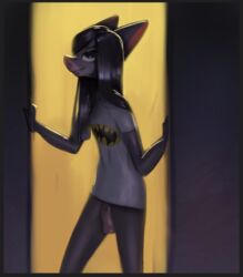 1futa anthro bat batman_symbol bottomless clothed clothing fangs fur furry futa_only futanari green_eyes grey_fur grin hair long_hair looking_at_viewer mammal penis smile solo solo_futa tabuley teeth