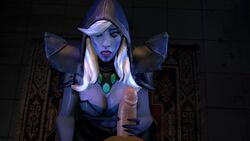 1boy 1girls 2018 3d 5_fingers absurdres animated armor big_breasts breasts dota_2 drow_ranger erection eyebrows facepaint female hair handjob hands highres hood lips lipstick long_hair looking_at_viewer male no_sound open_mouth penis purple_skin sfmarvel source_filmmaker straight teeth thick_lips video white_hair