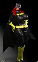 1girls 3d barbara_gordon batgirl batman_(series) belt big_breasts bike bodysuit boots busty cape curvy dc dc_comics english_text erect_nipple erect_nipples eyelashes female female_only front_view gloves green_eyes hand_on_hip hands_on_hip hands_on_hips high_heel_boots high_heels hourglass_figure huge_breasts human lipstick long_hair looking_at_viewer makeup mask nipple_bulge pose posing red_hair red_lipstick shadow simple_background solo spread_legs spreading standing superheroine text voluptuous wide_hips xskullheadx yellow_gloves