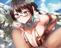 aqua_eyes belko blush breast_grab breast_hold breasts brown_hair censored cum glasses gloves lolicept long_hair paizuri soboro_sukehiro_(tenka_hyakken) sweat tenka_hyakken