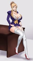 bakunyuu blonde_hair breasts cleavage desk devil-v discipline:record_of_a_crusade high_heels huge_breasts morimoto_reina purple_eyes revealing_clothes sitting_on_desk thick_thighs thighhighs