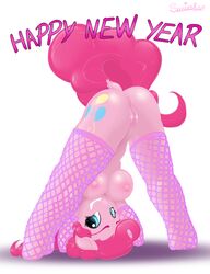 2014 anthro anthrofied anus armwear ass bent_over blue_eyes breasts clothing cutie_mark earth_pony elbow_gloves english_text equine female fishnet fishnet_footwear fishnet_legwear friendship_is_magic gloves hair hi_res horse legwear looking_at_viewer mammal my_little_pony nude pink_hair pinkie_pie_(mlp) pony pussy simple_background smile socks solo straight_hair swissleos text thigh_socks