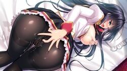 1girls :o ass bent_over big_ass big_breasts black_hair black_legwear blue_eyes blush breast_squeeze breasts breasts_out cameltoe dat_ass derauea erect_nipples erena_amatsuka excessive_pussy_juice female female_only game_cg looking_at_viewer looking_back masturbation milk_factory moaning motto!_haramase!_honoo_no_oppai_isekai_ero_mahou_gakuen! nipple_pinch nipples on_bed open_mouth pantyhose pussy pussy_juice pussy_juice_drip pussy_juice_stain pussy_juice_trail see-through skirt_lift skirt_up spread_ass spread_pussy sweat tagme thick_thighs thighs top-down_bottom-up wet