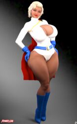 1girls 3d alien alien_girl areola_slip belt big_breasts blonde_hair blue_eyes blue_gloves boots busty cape cleavage cleavage_cutout curvy dc dc_comics english_text eyelashes female female_only front_view gloves high_heel_boots high_heels hourglass_figure humanoid karen_starr kryptonian leotard lipstick looking_at_viewer makeup pose posing power_girl red_lipstick shadow short_hair simple_background solo standing superheroine superman_(series) text thong voluptuous wide_hips xskullheadx yellow_hair