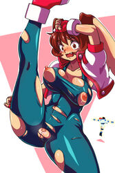 arina_makihara bodysuit breasts brown_eyes brown_hair cameltoe censored erect_nipples flexible high_kick kanriken kicking makihara_arina navel nipples plump_vulva pubic_hair pussy rabbit_humanoid rai_bakuoh skin_tight spread_legs steam sunsoft sweat sweaty_breasts toned torn_clothes vest waku_waku_7