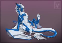 2018 blue_fur claws digital_media_(artwork) dragon female feral fur furred_dragon hair membranous_wings minerea pussy scalie simple_background solo tylon western_dragon white_fur white_hair wings yellow_eyes